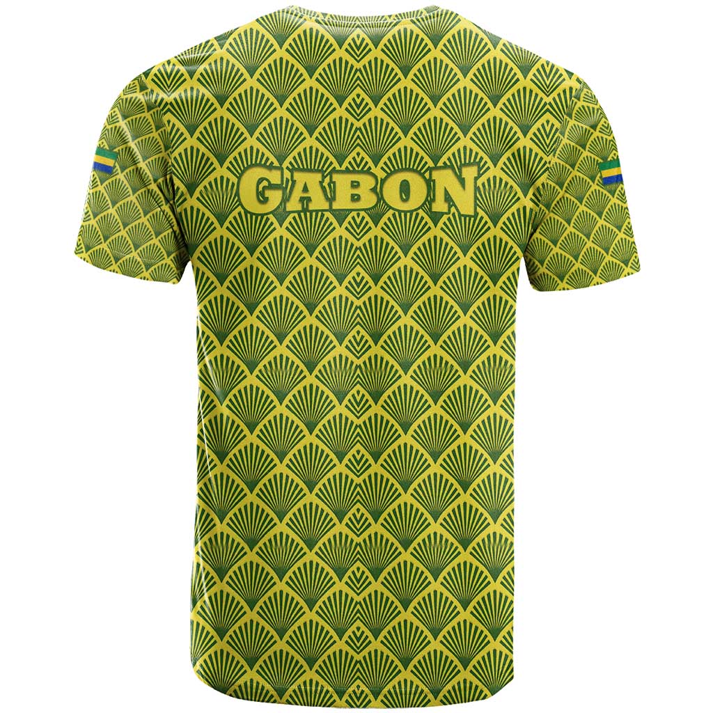 Gabon Tribal Pattern T-Shirt with National Flag Colors and Bold Text Design Graphic Tee