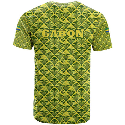 Gabon Tribal Pattern T-Shirt with National Flag Colors and Bold Text Design Graphic Tee