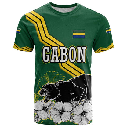 Gabon T-Shirt with Black Panther Graphic and Hibiscus Flower Design in National Colors Graphic Tee