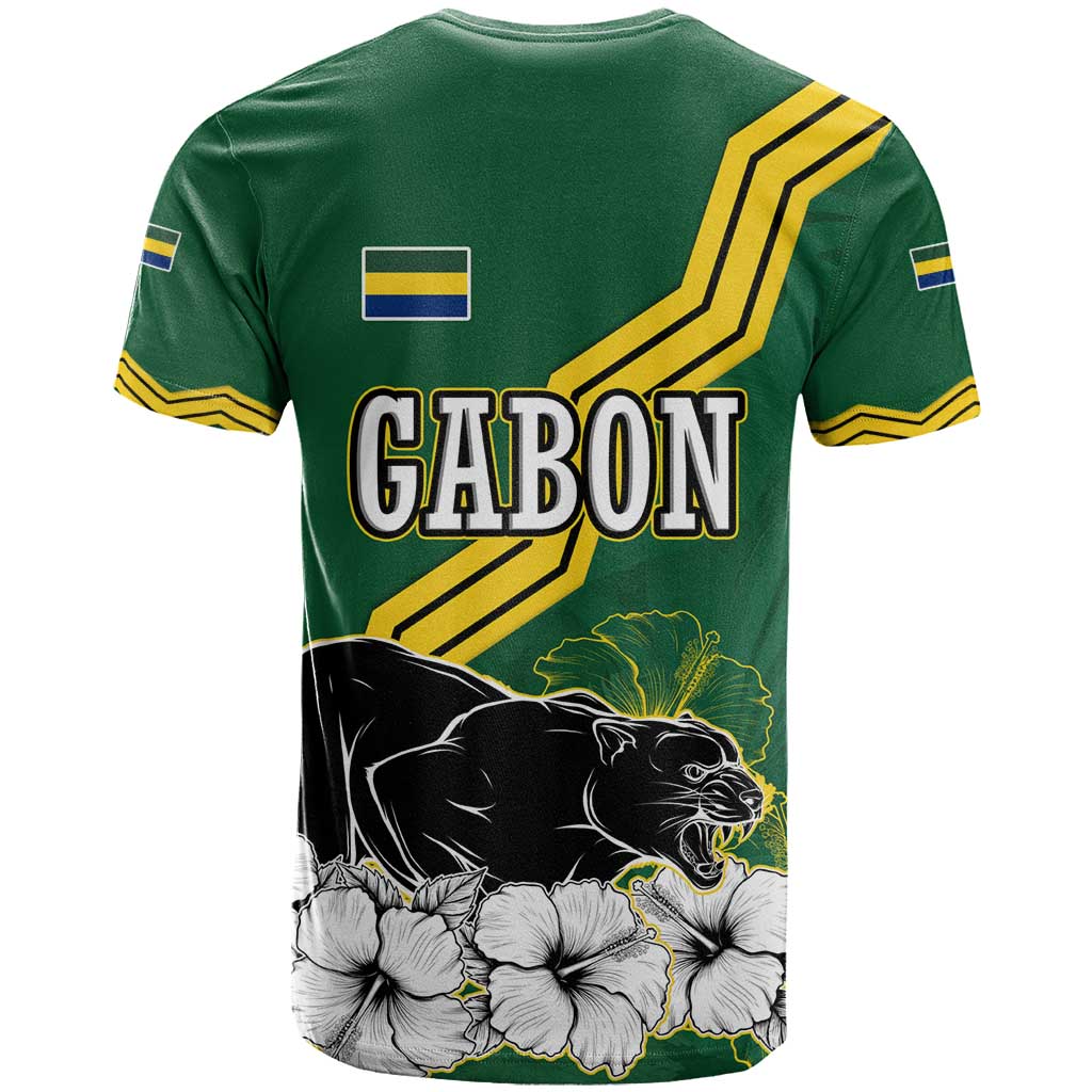 Gabon T-Shirt with Black Panther Graphic and Hibiscus Flower Design in National Colors Graphic Tee