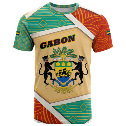 Gabon T-Shirt with National Coat of Arms and Tribal Pattern Map Design in Bold Colors Graphic Tee