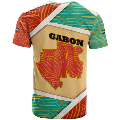 Gabon T-Shirt with National Coat of Arms and Tribal Pattern Map Design in Bold Colors Graphic Tee