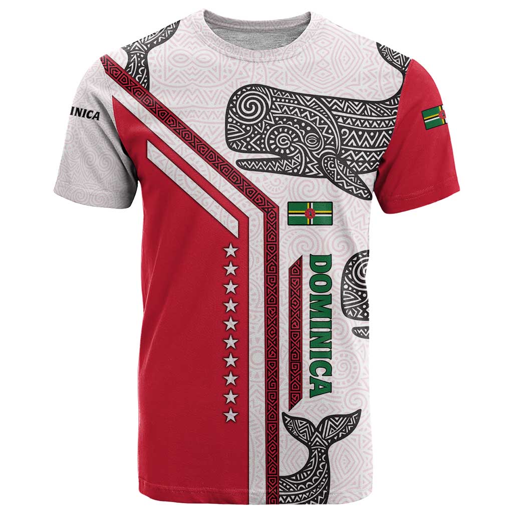 Dominica Flag T-Shirt Tribal Turtle Pattern Red and White with Island Stars Design Graphic Tee