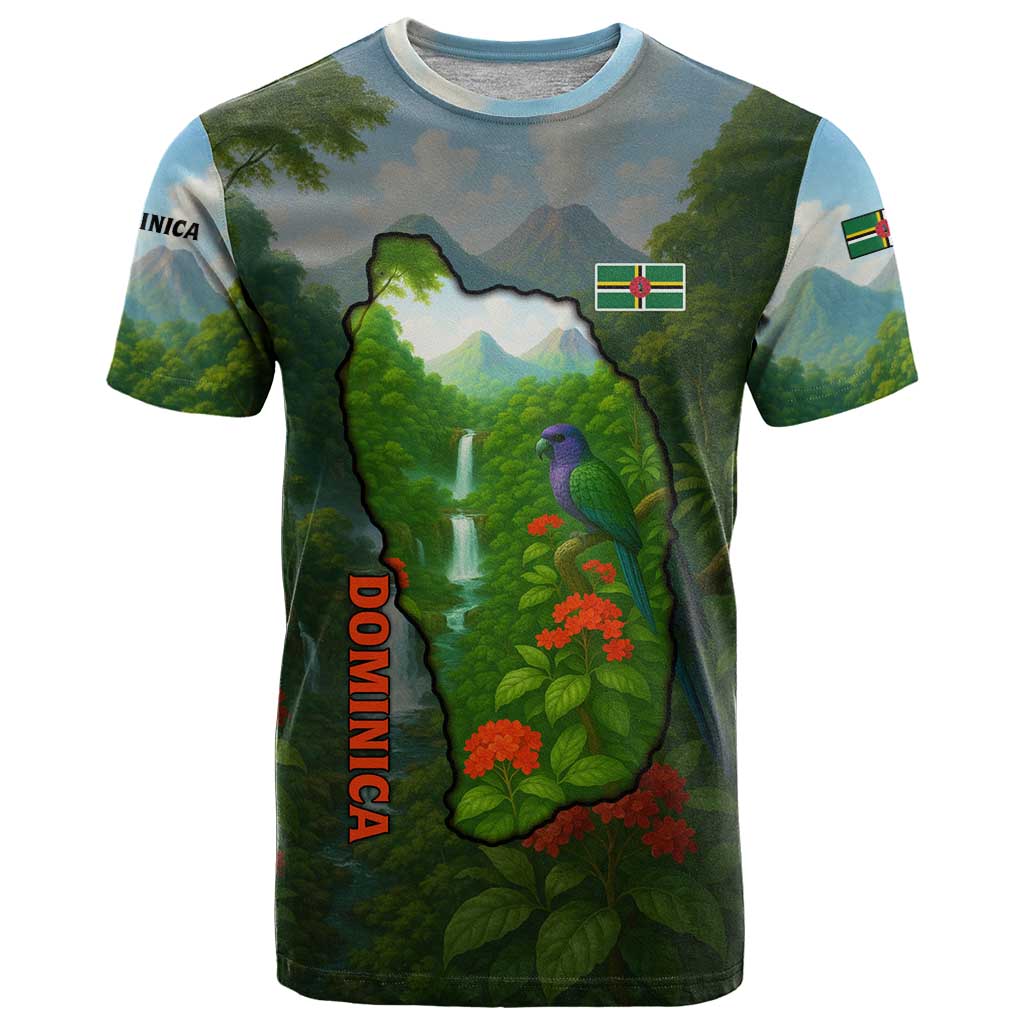 Dominica Nature T-Shirt Sisserou Parrot and Waterfall Island Map with National Flag Design Graphic Tee