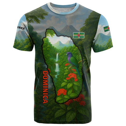 Dominica Nature T-Shirt Sisserou Parrot and Waterfall Island Map with National Flag Design Graphic Tee