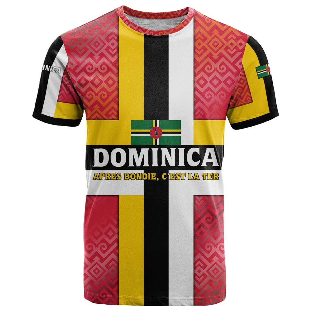 Dominica Flag T-Shirt Red Yellow and Black with Coat of Arms and National Motto Design Graphic Tee