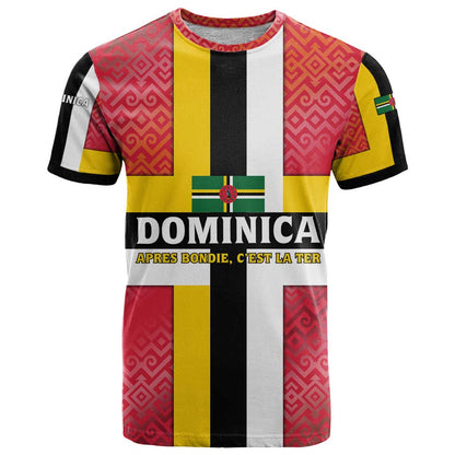 Dominica Flag T-Shirt Red Yellow and Black with Coat of Arms and National Motto Design Graphic Tee