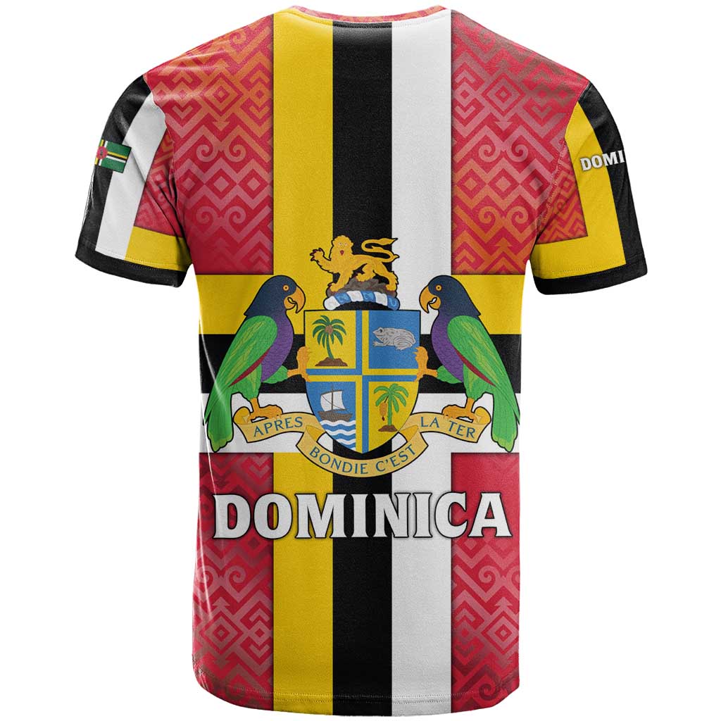Dominica Flag T-Shirt Red Yellow and Black with Coat of Arms and National Motto Design Graphic Tee