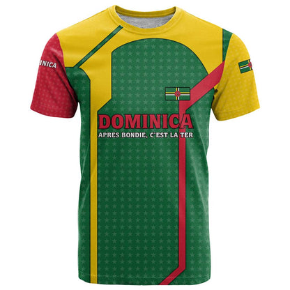 Dominica Flag T-Shirt National Parrot and Stars Design with Motto Apres Bondie Cest La Ter Graphic Tee