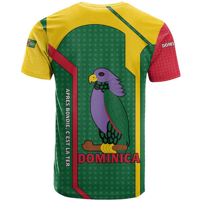 Dominica Flag T-Shirt National Parrot and Stars Design with Motto Apres Bondie Cest La Ter Graphic Tee