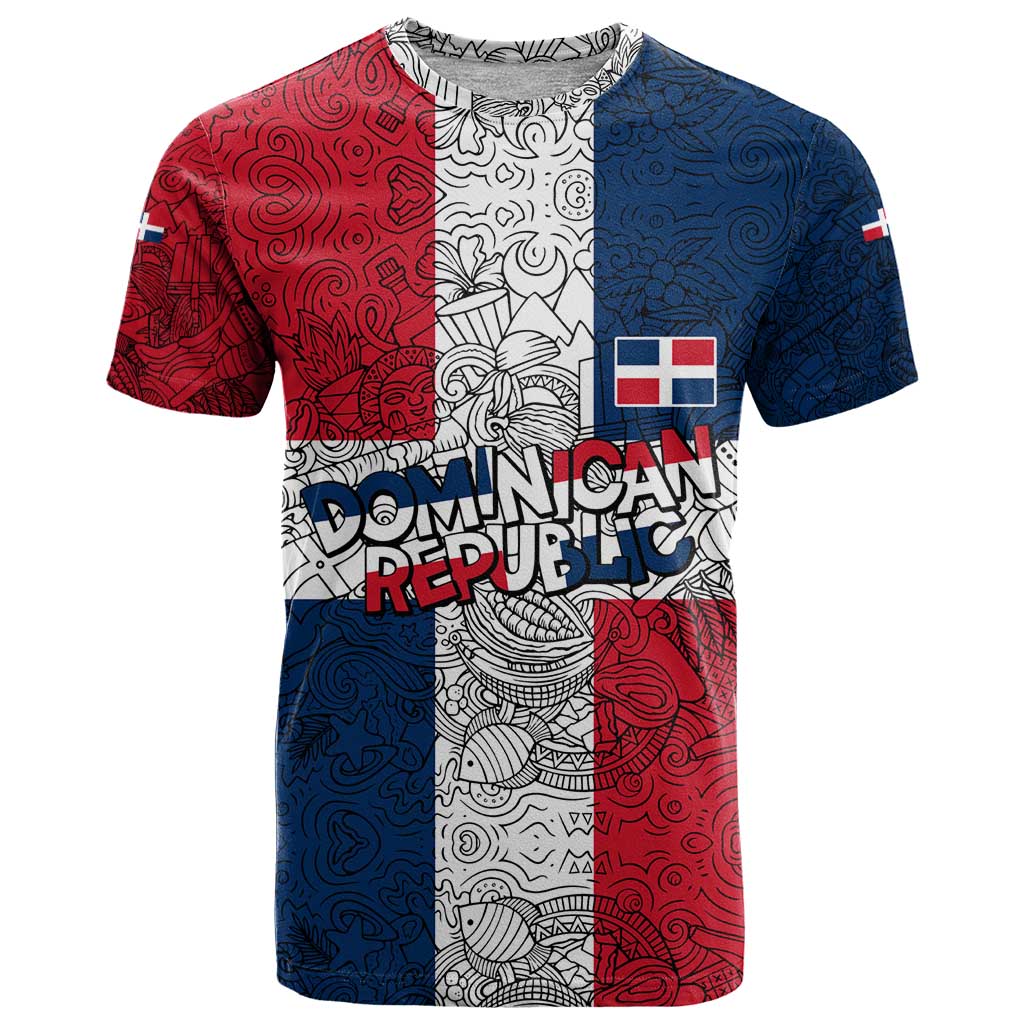 Dominican Republic Flag T-Shirt Red White and Blue Pattern with National Emblem and Tribal Design Graphic Tee