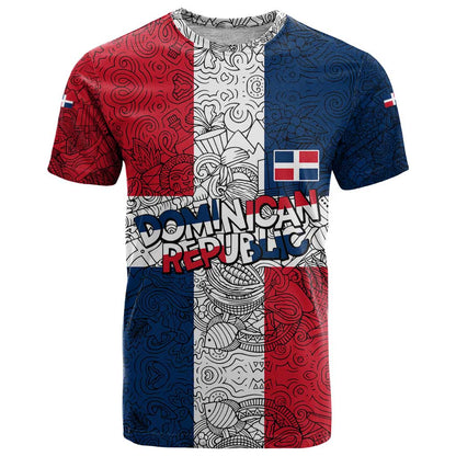 Dominican Republic Flag T-Shirt Red White and Blue Pattern with National Emblem and Tribal Design Graphic Tee