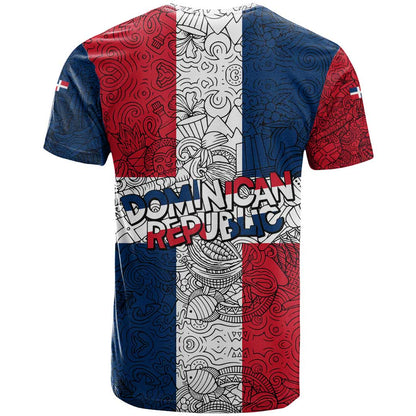 Dominican Republic Flag T-Shirt Red White and Blue Pattern with National Emblem and Tribal Design Graphic Tee