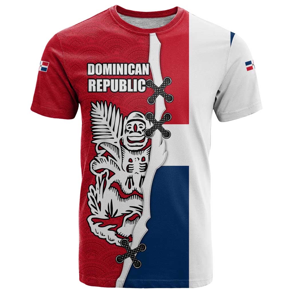 Dominican Republic Flag Half Zip Design T-Shirt with Coat of Arms and Taino Symbol Graphic Tee
