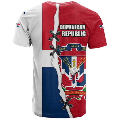 Dominican Republic Flag Half Zip Design T-Shirt with Coat of Arms and Taino Symbol Graphic Tee