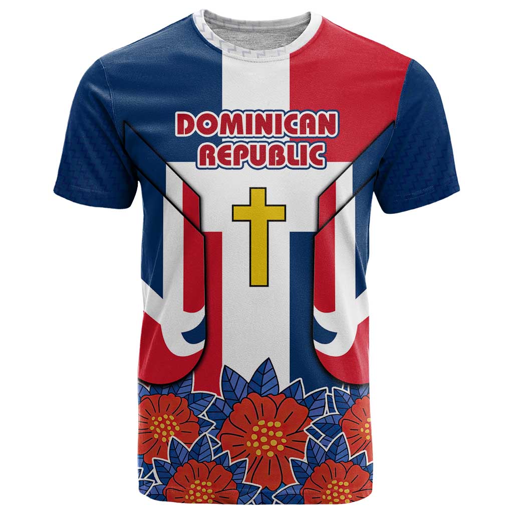 Dominican Republic Flag T-Shirt with Cross and Floral Design Red Blue Pattern Graphic Tee