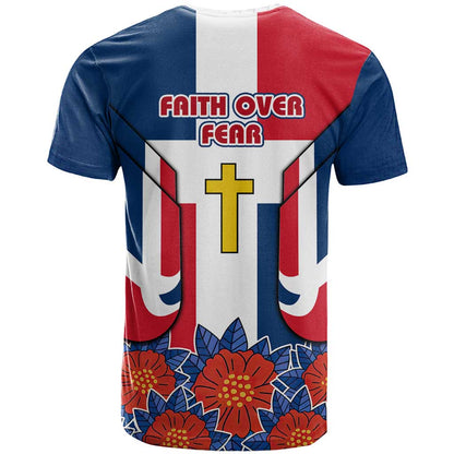 Dominican Republic Flag T-Shirt with Cross and Floral Design Red Blue Pattern Graphic Tee