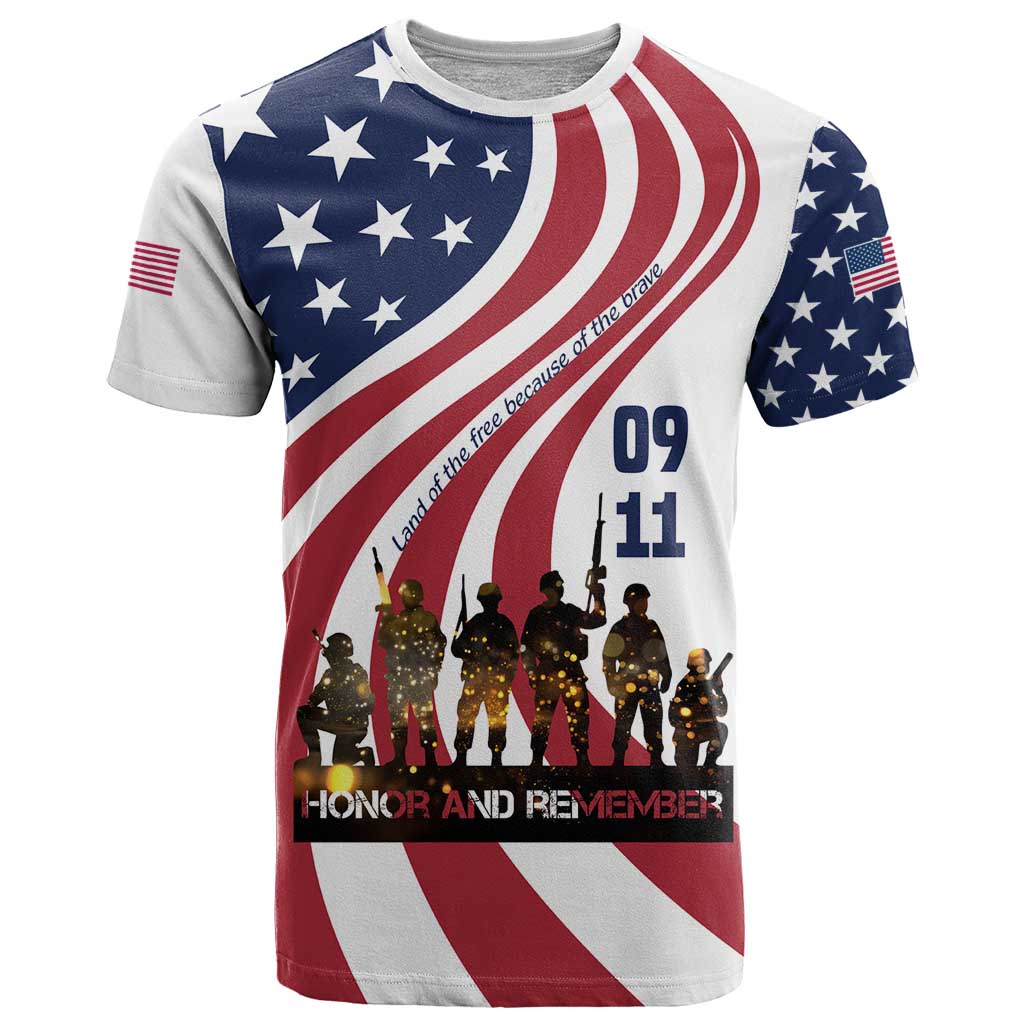 911 Memorial T-Shirt Patriot Day American Flag and Soldier Silhouette Honor and Remember Graphic Tee