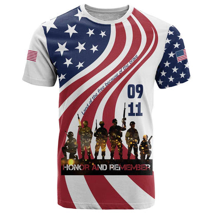 911 Memorial T-Shirt Patriot Day American Flag and Soldier Silhouette Honor and Remember Graphic Tee