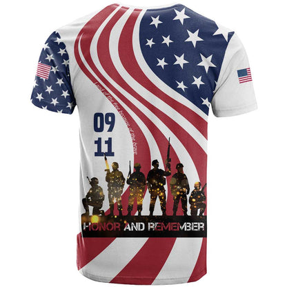911 Memorial T-Shirt Patriot Day American Flag and Soldier Silhouette Honor and Remember Graphic Tee