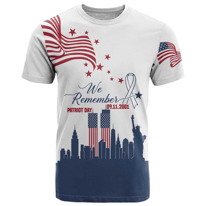 Patriot Day 911 Memorial T-Shirt American Flag and New York City Skyline Design Graphic Tee