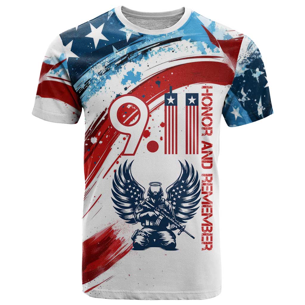 Patriot Day 911 Memorial T-Shirt American Flag and Angel Soldier Honor and Remember Graphic Tee