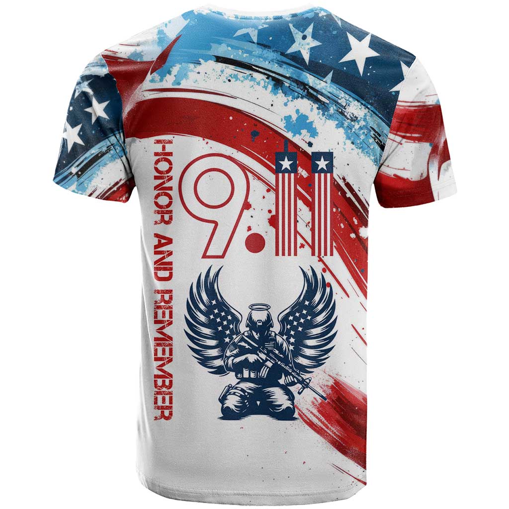 Patriot Day 911 Memorial T-Shirt American Flag and Angel Soldier Honor and Remember Graphic Tee