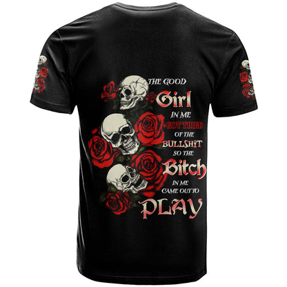 The Good Girl In Me 3 Skulls Rose Vintage T-Shirt Graphic Tee