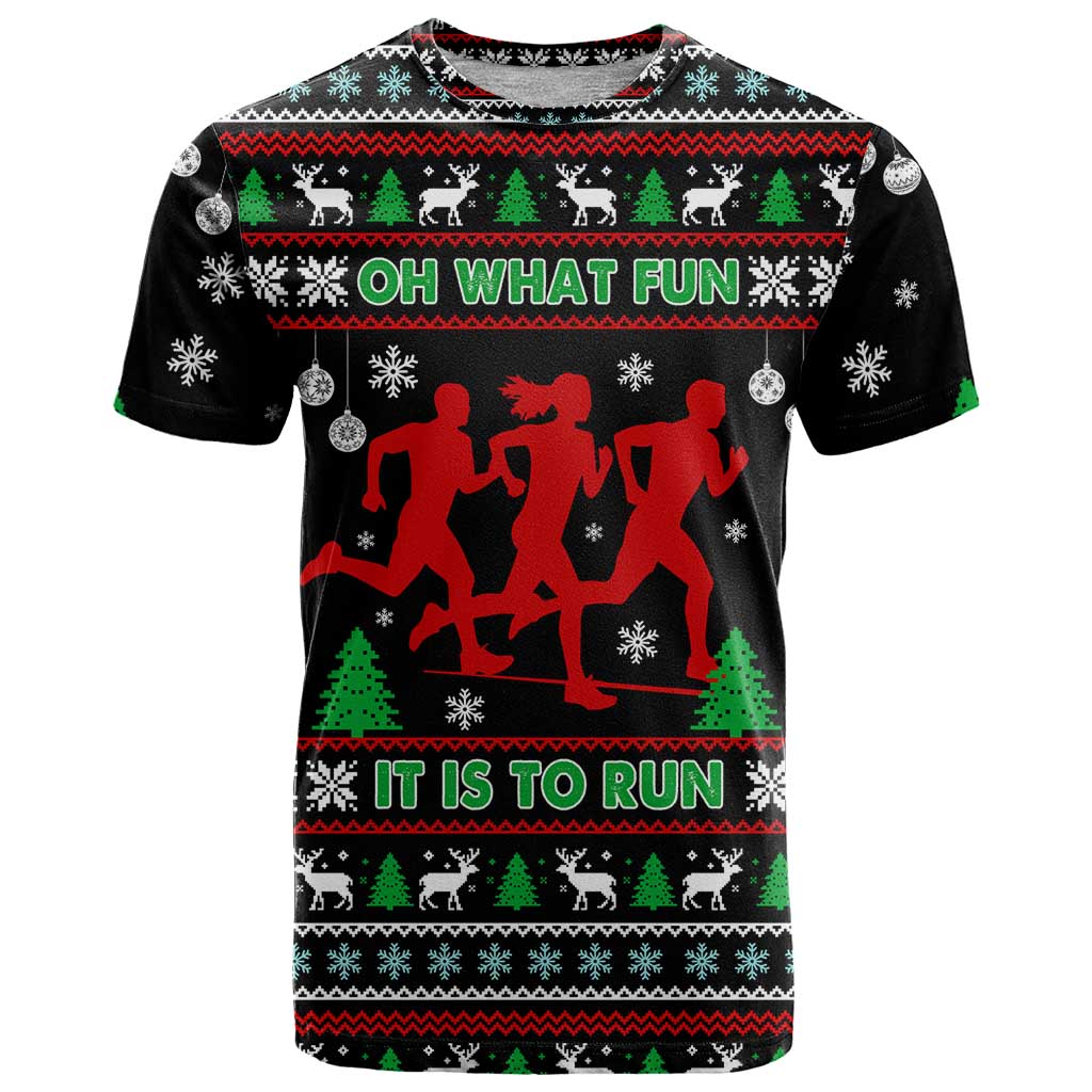 Running Oh What Fun Christmas T-Shirt Xmas Holiday Patterns Graphic Tee