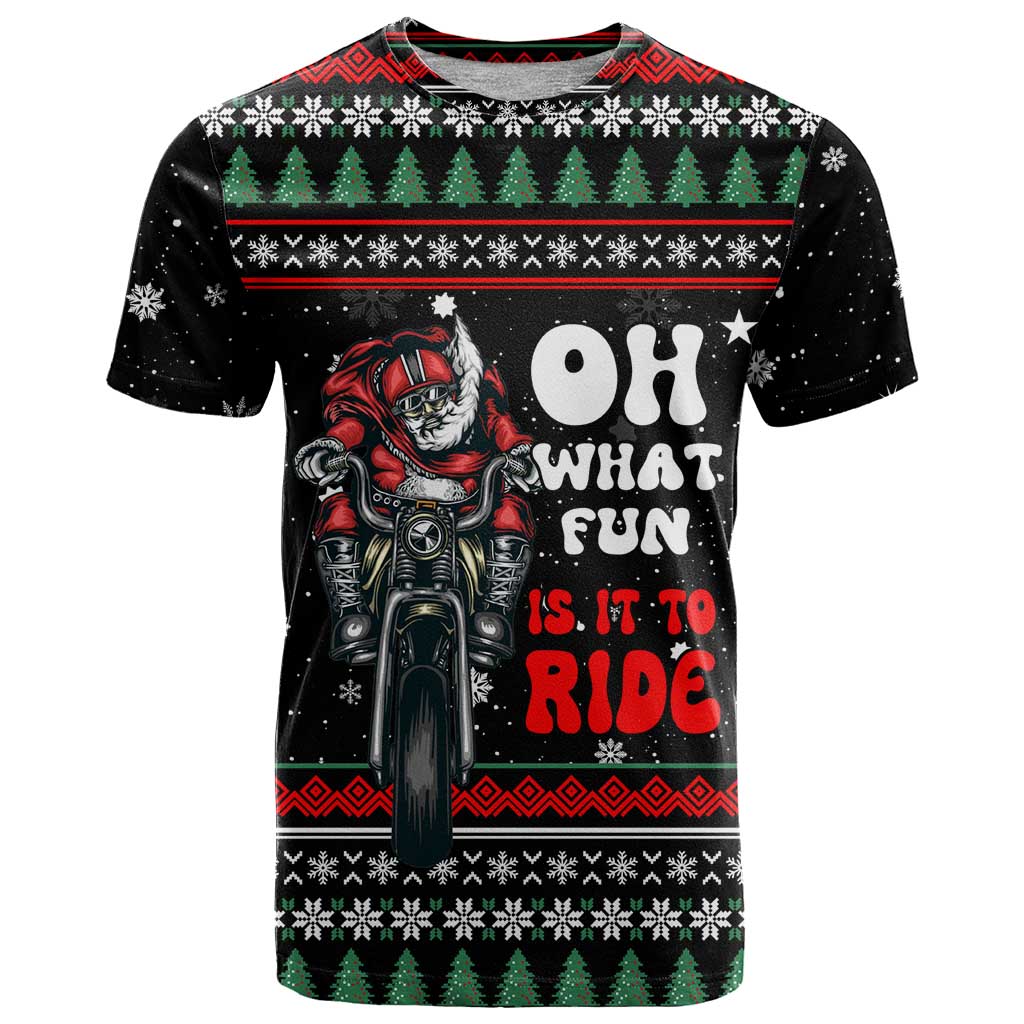 Santa And Motor Christmas T-Shirt Xmas Holiday Patterns Graphic Tee