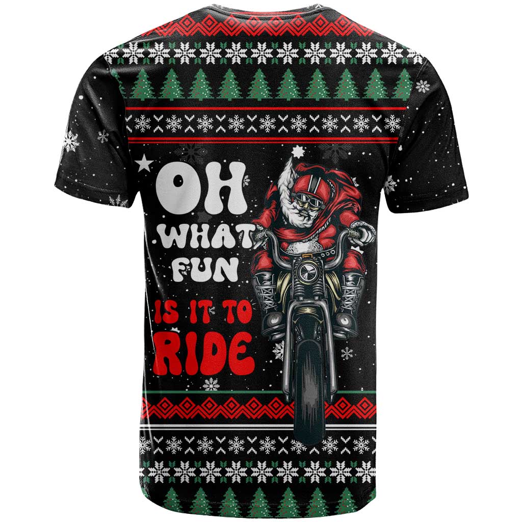 Santa And Motor Christmas T-Shirt Xmas Holiday Patterns Graphic Tee