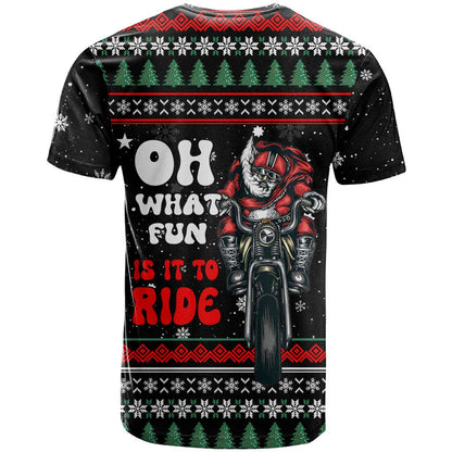 Santa And Motor Christmas T-Shirt Xmas Holiday Patterns Graphic Tee