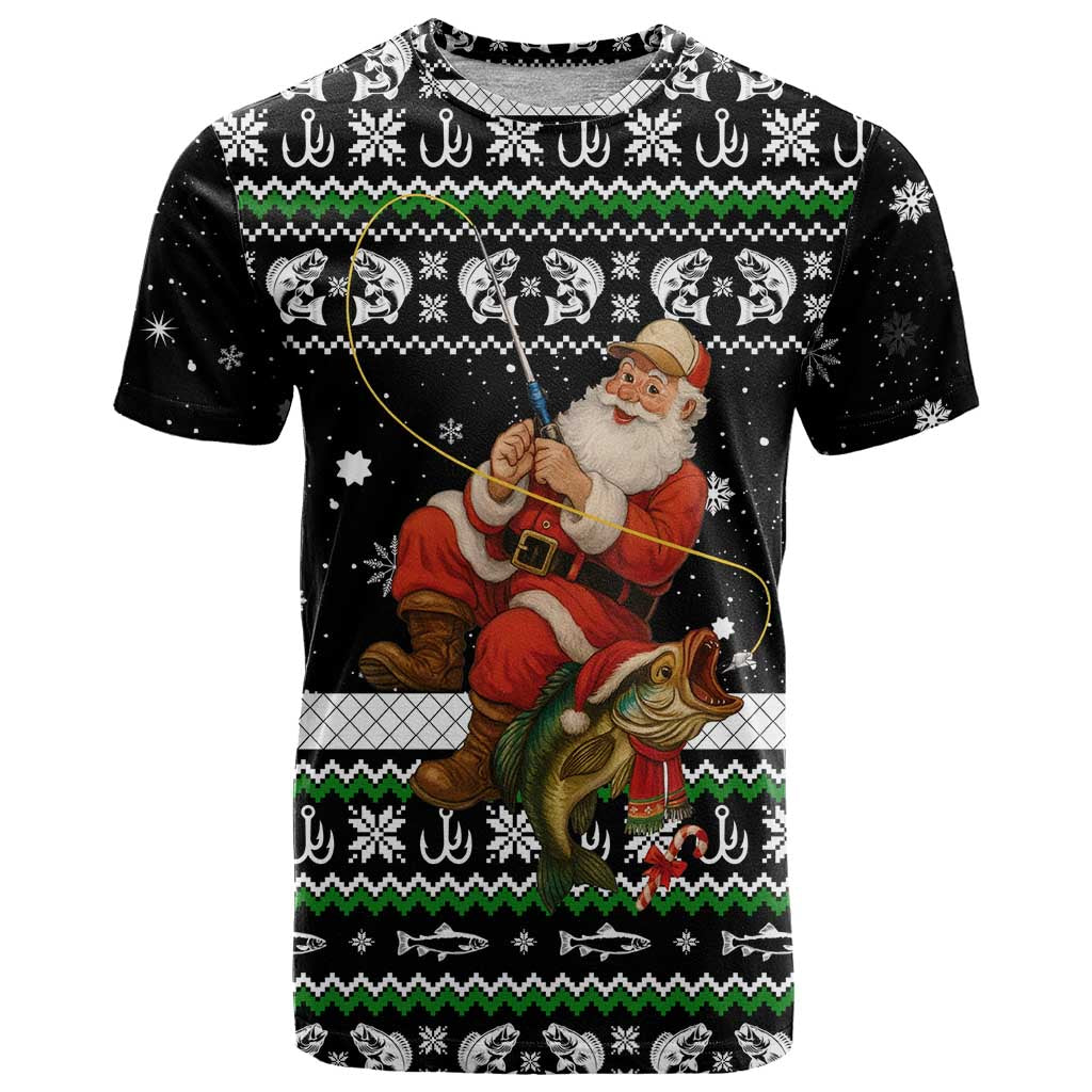 Santa Claus Fishing Christmas T-Shirt Xmas Holiday Patterns Graphic Tee