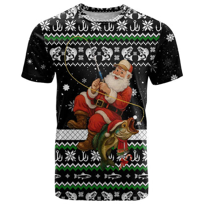 Santa Claus Fishing Christmas T-Shirt Xmas Holiday Patterns Graphic Tee
