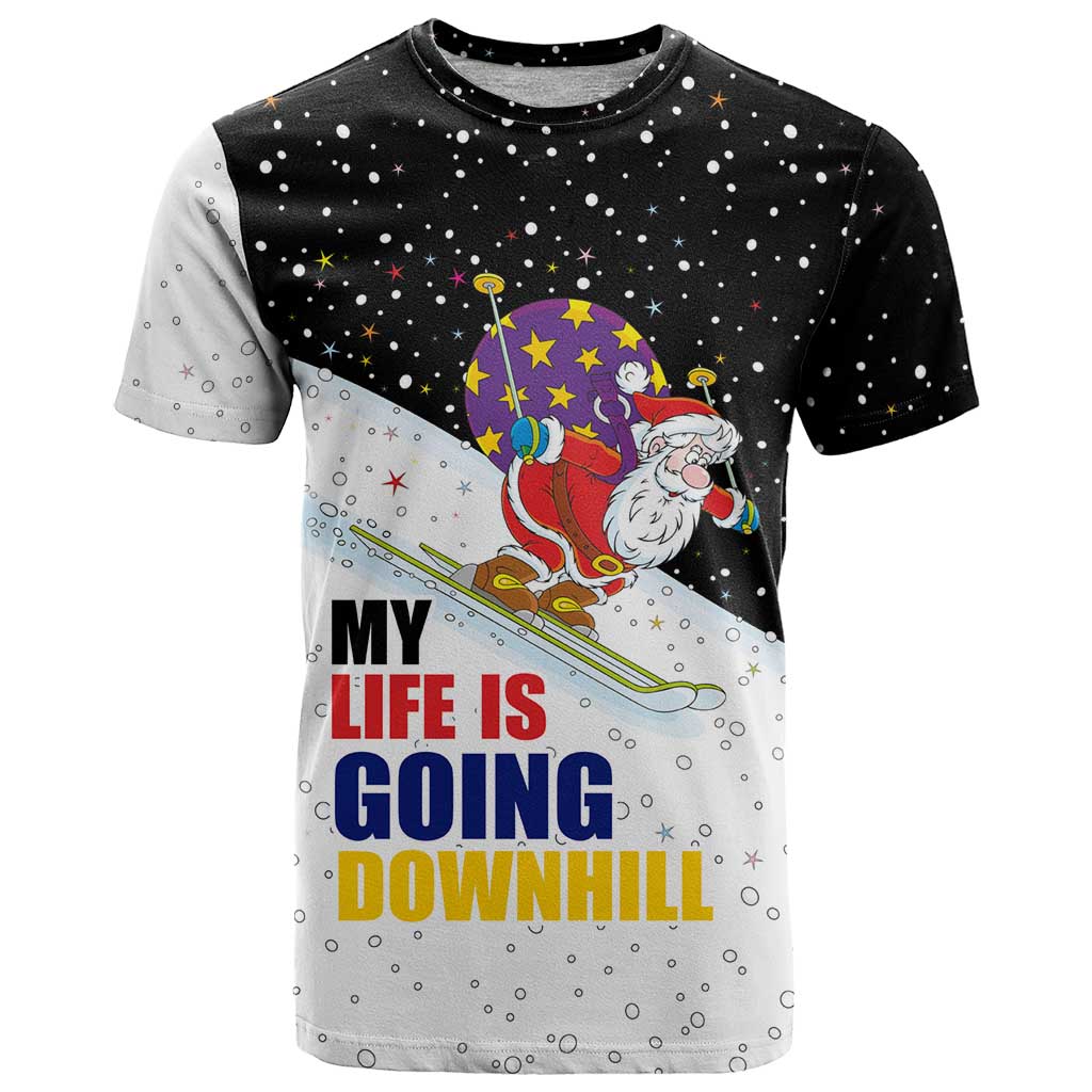 Santa Claus Ski My Life Is Going Downhill Christmas T-Shirt Xmas Holiday Patterns Graphic Tee