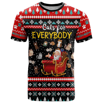 Funny Santa T-Shirt with Cats for Everybody Quote and Red Christmas Pattern Graphic Tee