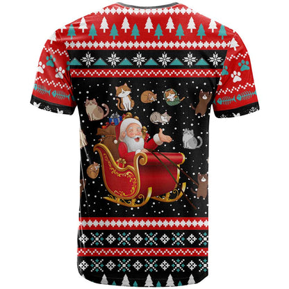 Funny Santa T-Shirt with Cats for Everybody Quote and Red Christmas Pattern Graphic Tee