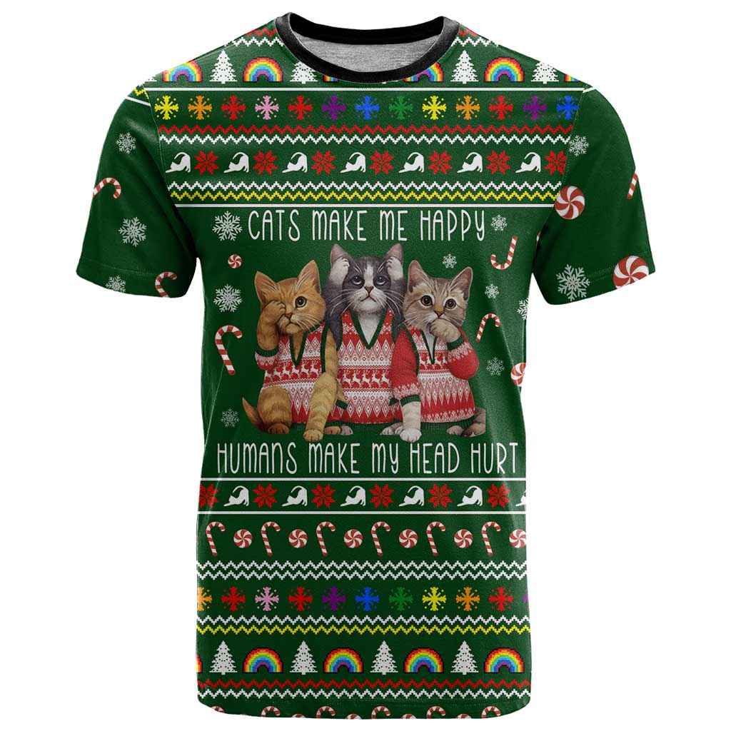 Funny Cats Make Me Happy Humans Make My Head Hurt Quote T-Shirt with Green Christmas Pattern Graphic Tee