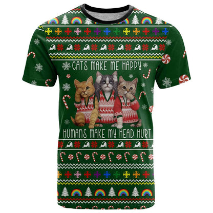 Funny Cats Make Me Happy Humans Make My Head Hurt Quote T-Shirt with Green Christmas Pattern Graphic Tee