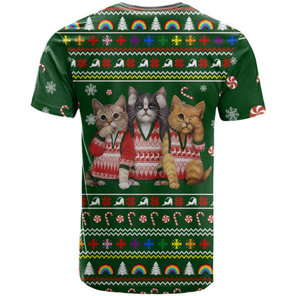 Funny Cats Make Me Happy Humans Make My Head Hurt Quote T-Shirt with Green Christmas Pattern Graphic Tee