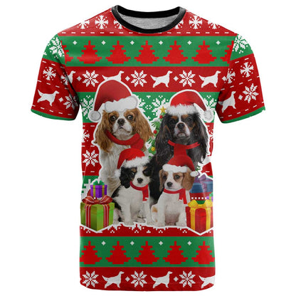 Christmas Dogs T-Shirt with Santa Hats and Red Green Holiday Pattern Graphic Tee