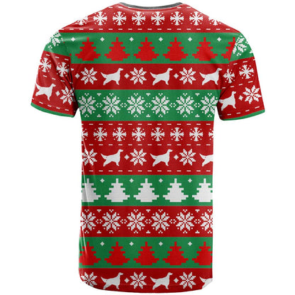 Christmas Dogs T-Shirt with Santa Hats and Red Green Holiday Pattern Graphic Tee