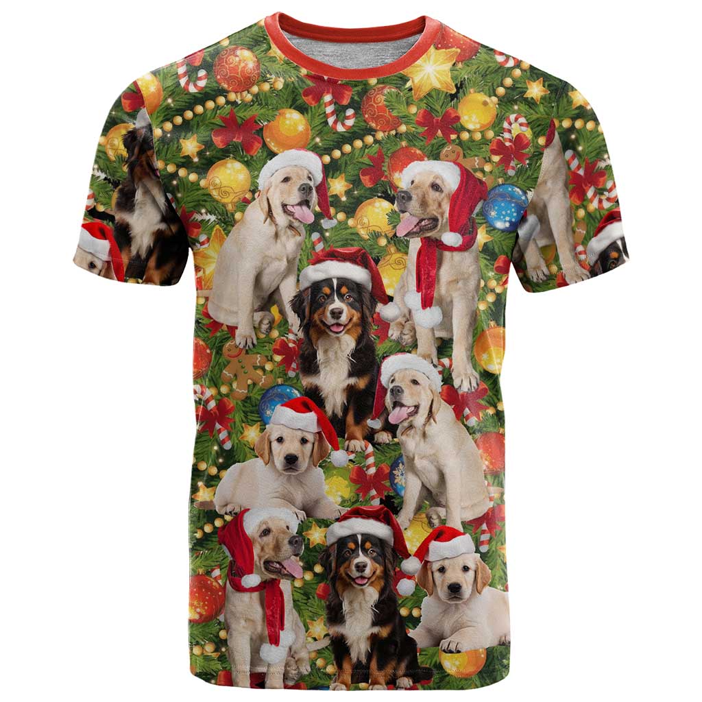 Christmas Dogs T-Shirt with Santa Hats and Festive Ornament Pattern Graphic Tee