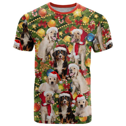 Christmas Dogs T-Shirt with Santa Hats and Festive Ornament Pattern Graphic Tee