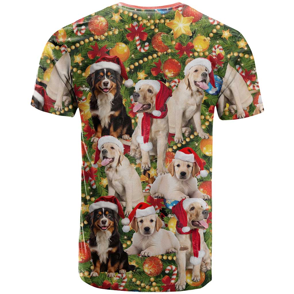 Christmas Dogs T-Shirt with Santa Hats and Festive Ornament Pattern Graphic Tee