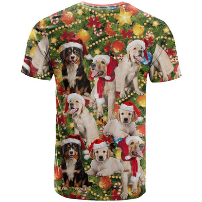 Christmas Dogs T-Shirt with Santa Hats and Festive Ornament Pattern Graphic Tee