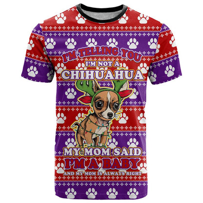 Chihuahua Christmas T-Shirt with Im Not a Chihuahua Im a Baby Quote and Red Purple Christmas Pattern Graphic Tee