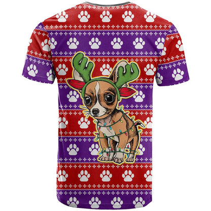 Chihuahua Christmas T-Shirt with Im Not a Chihuahua Im a Baby Quote and Red Purple Christmas Pattern Graphic Tee
