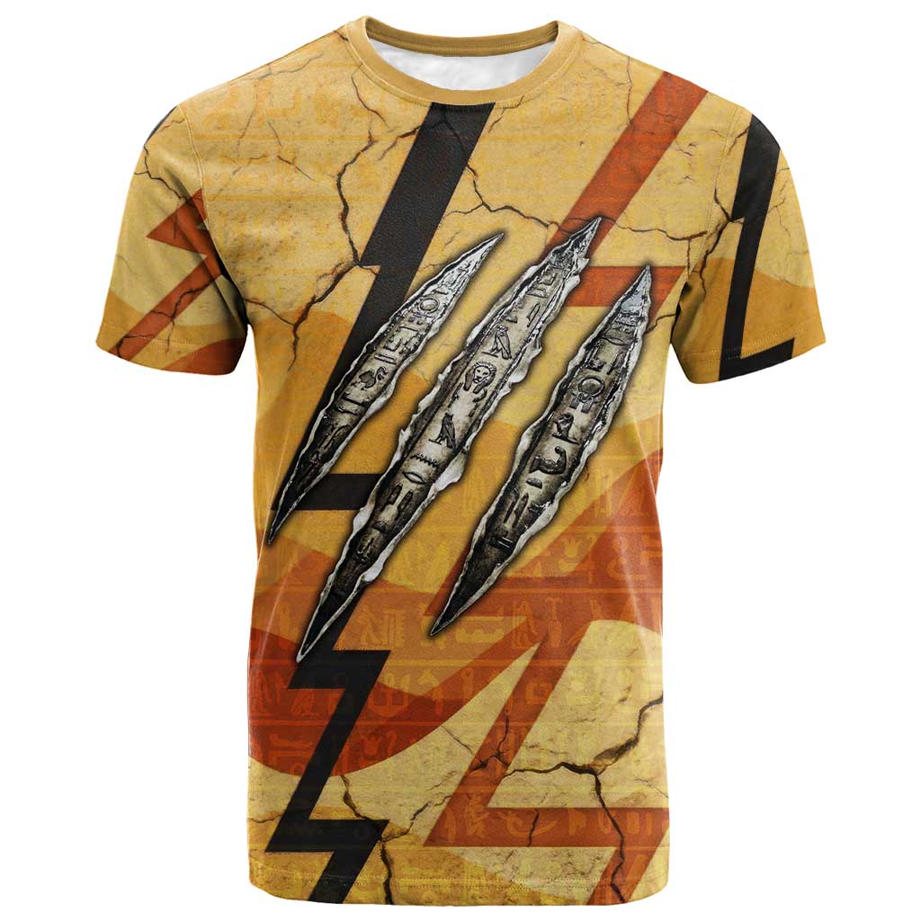 Pakhet Lion Head T-Shirt with Claw Marks in Fiery Ancient Egyptian Motif Graphic Tee