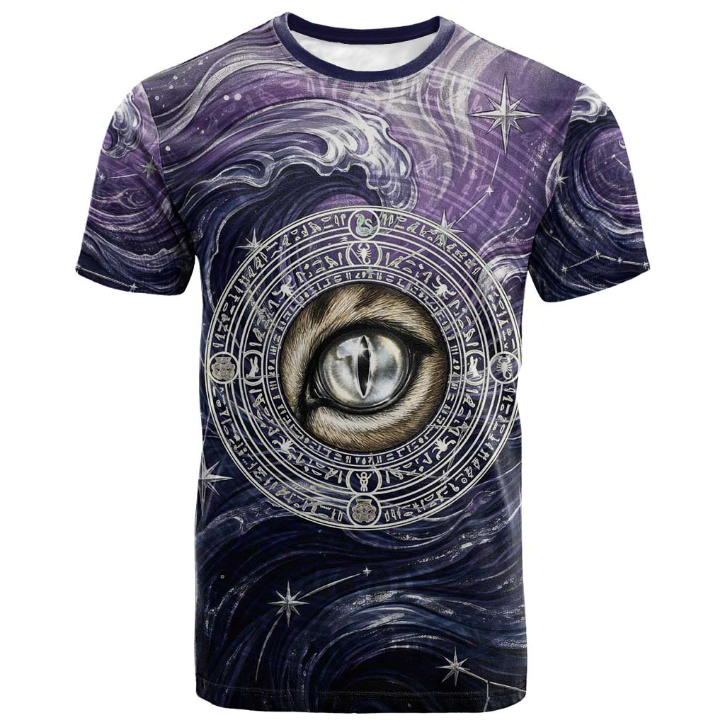 Pakhet Panther T-Shirt with Cosmic Feline Eye on Starry Night River Graphic Tee